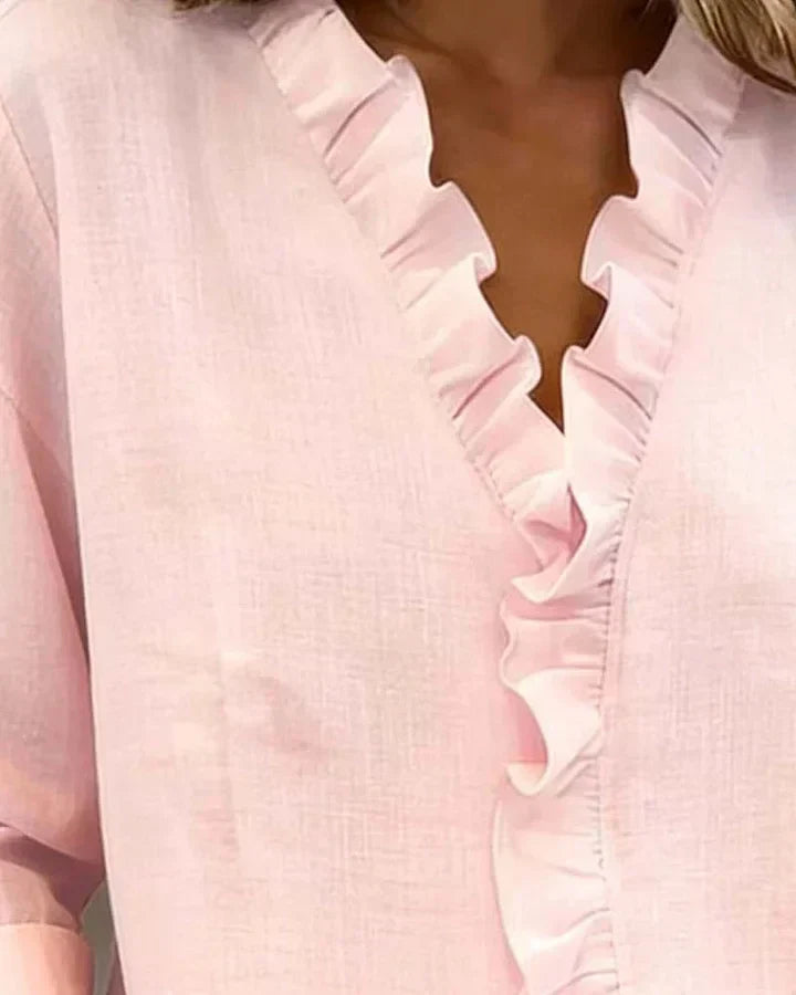 Blusa Mujer de Gasa Cuello en V Volantes Corte Fluido