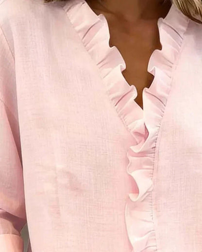 Blusa Mujer de Gasa Cuello en V Volantes Corte Fluido