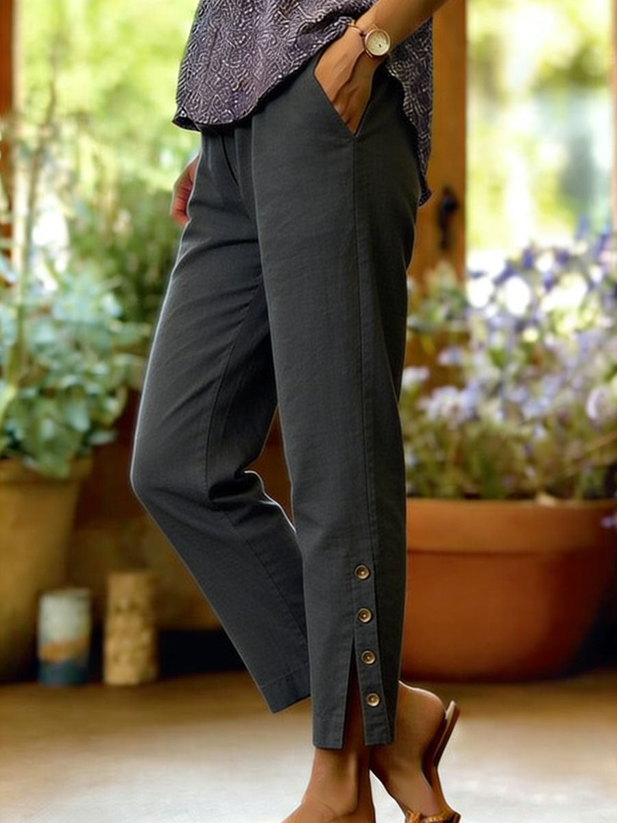 Pantalones Mujer Algodón Lino Corte Suelto Botones Laterales
