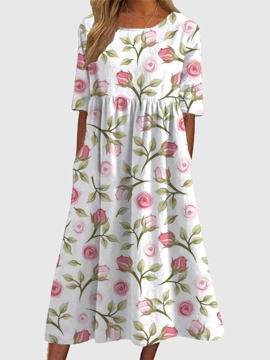 Vestido Mujer Estampado Floral Manga Tres Cuartos Falda Fluida