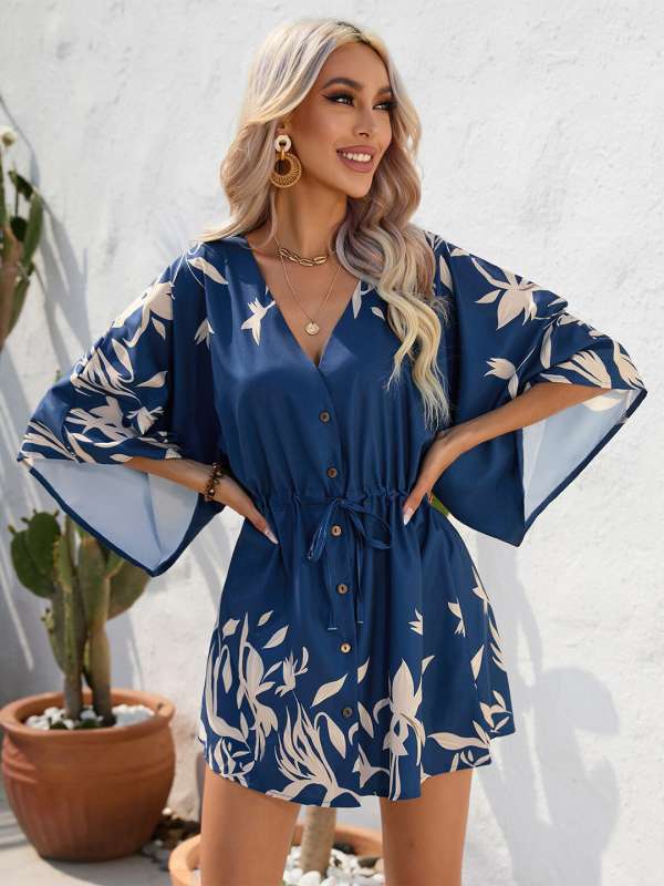 Vestido mini mujer Estampado floral Escote en V Mangas largas