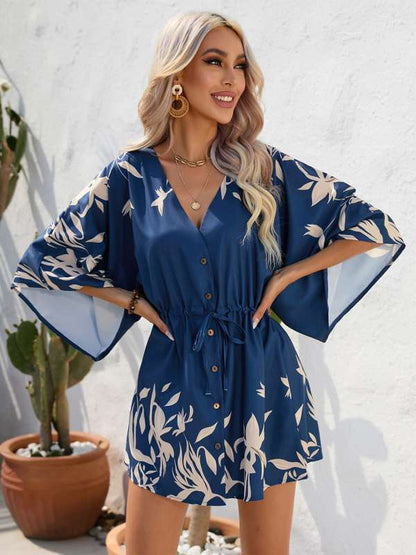 Vestido mini mujer Estampado floral Escote en V Mangas largas