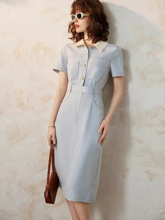 Vestido camisero mujer Algodón Cintura marcada Manga corta - Mavetta