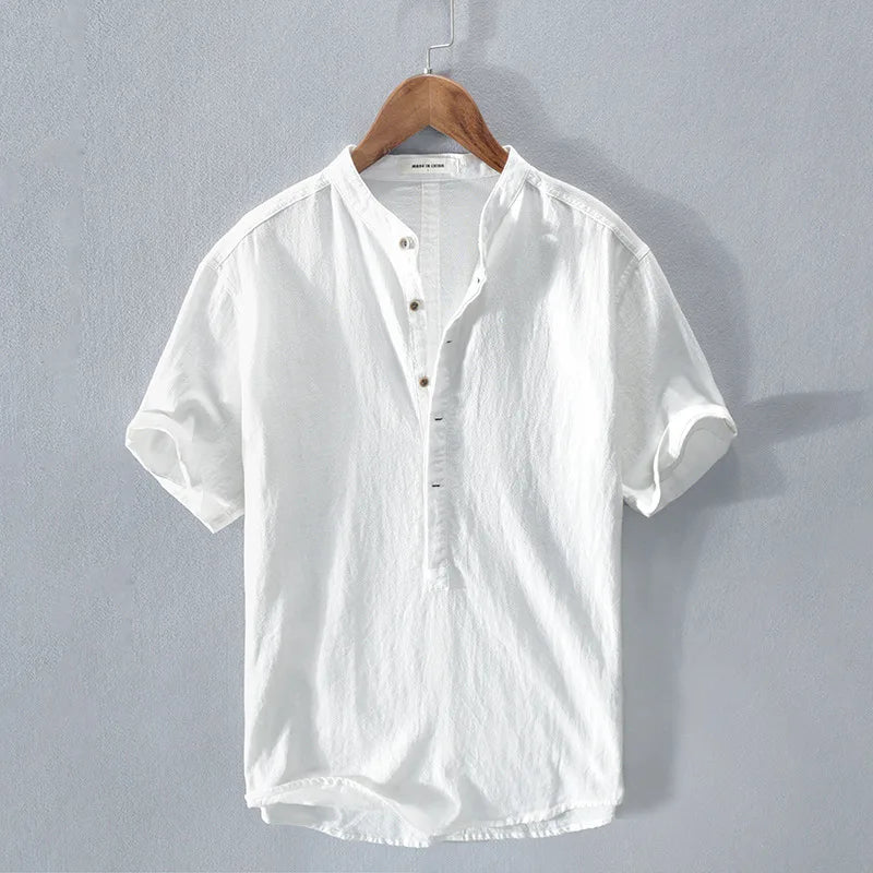 Camiseta Hombre de Lino y Algodón Manga Corta Cuello Henley