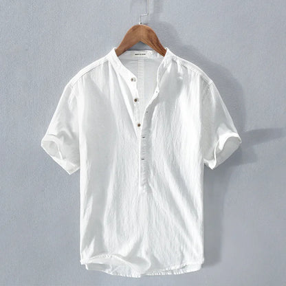 Camiseta Hombre de Lino y Algodón Manga Corta Cuello Henley