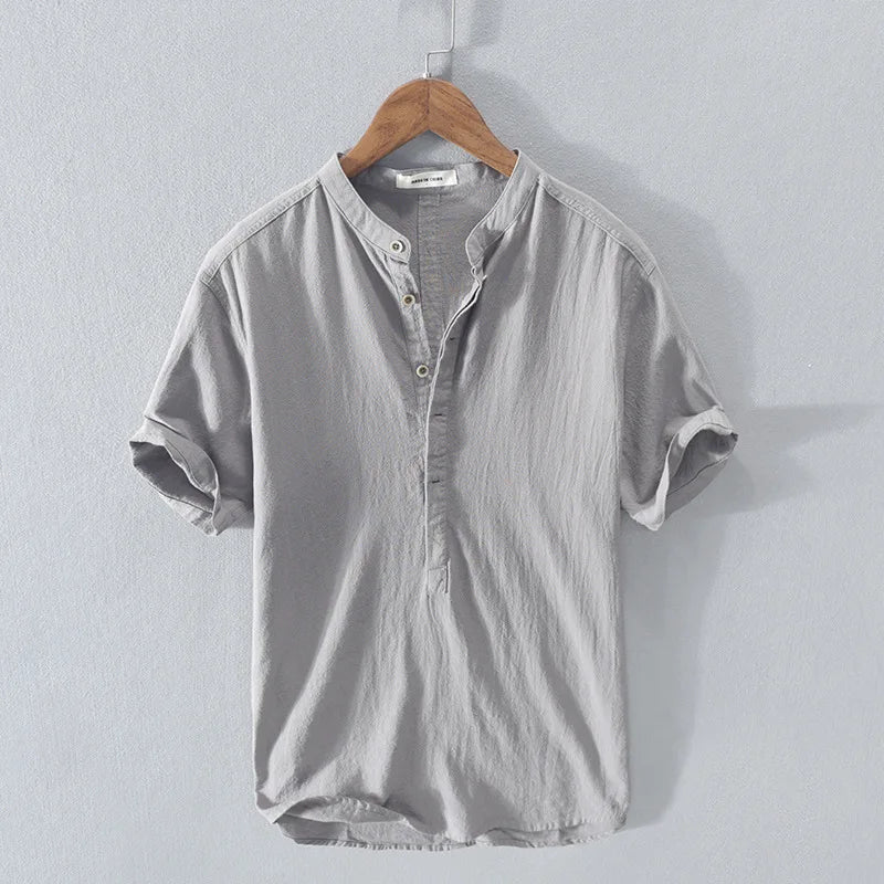 Camiseta Hombre de Lino y Algodón Manga Corta Cuello Henley