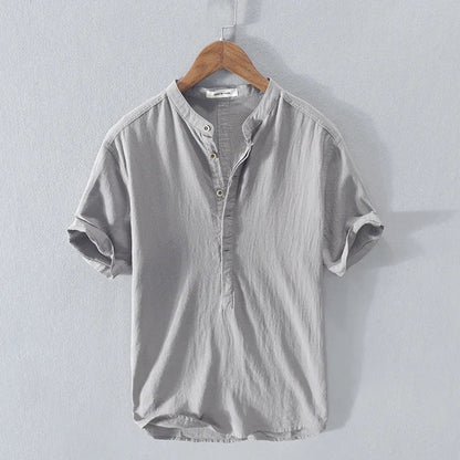 Camiseta Hombre de Lino y Algodón Manga Corta Cuello Henley