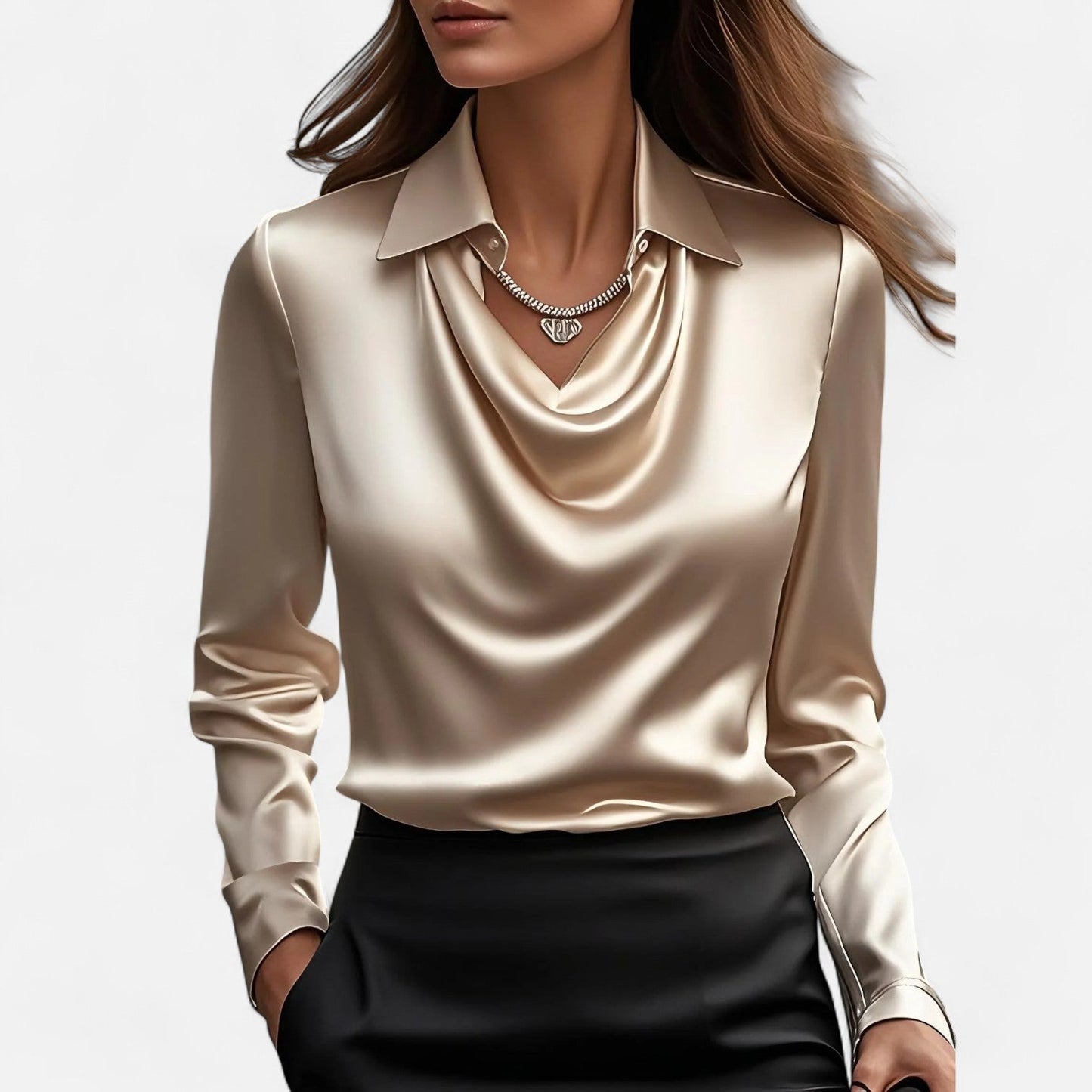 Blusa Mujer de Satén Escote Drapeado Oficina Eventos