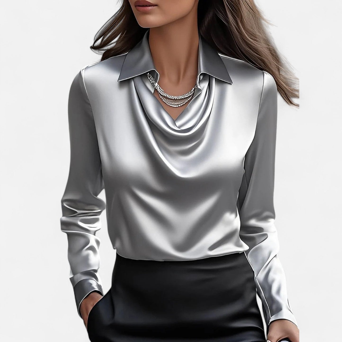 Blusa Mujer de Satén Escote Drapeado Oficina Eventos