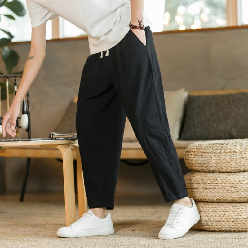 Pantalones Hombre de Lino Corte Tapered Cintura Elástica