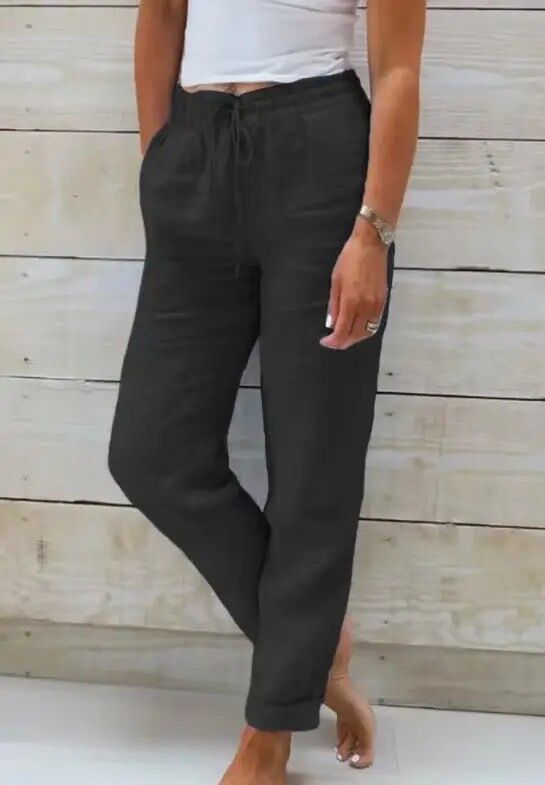 Pantalones Mujer de Lino y Algodón Rectos Cintura Elástica