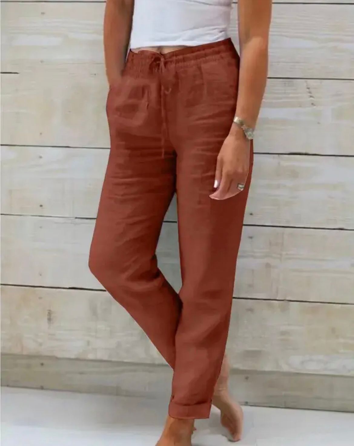 Pantalones Mujer de Lino y Algodón Rectos Cintura Elástica