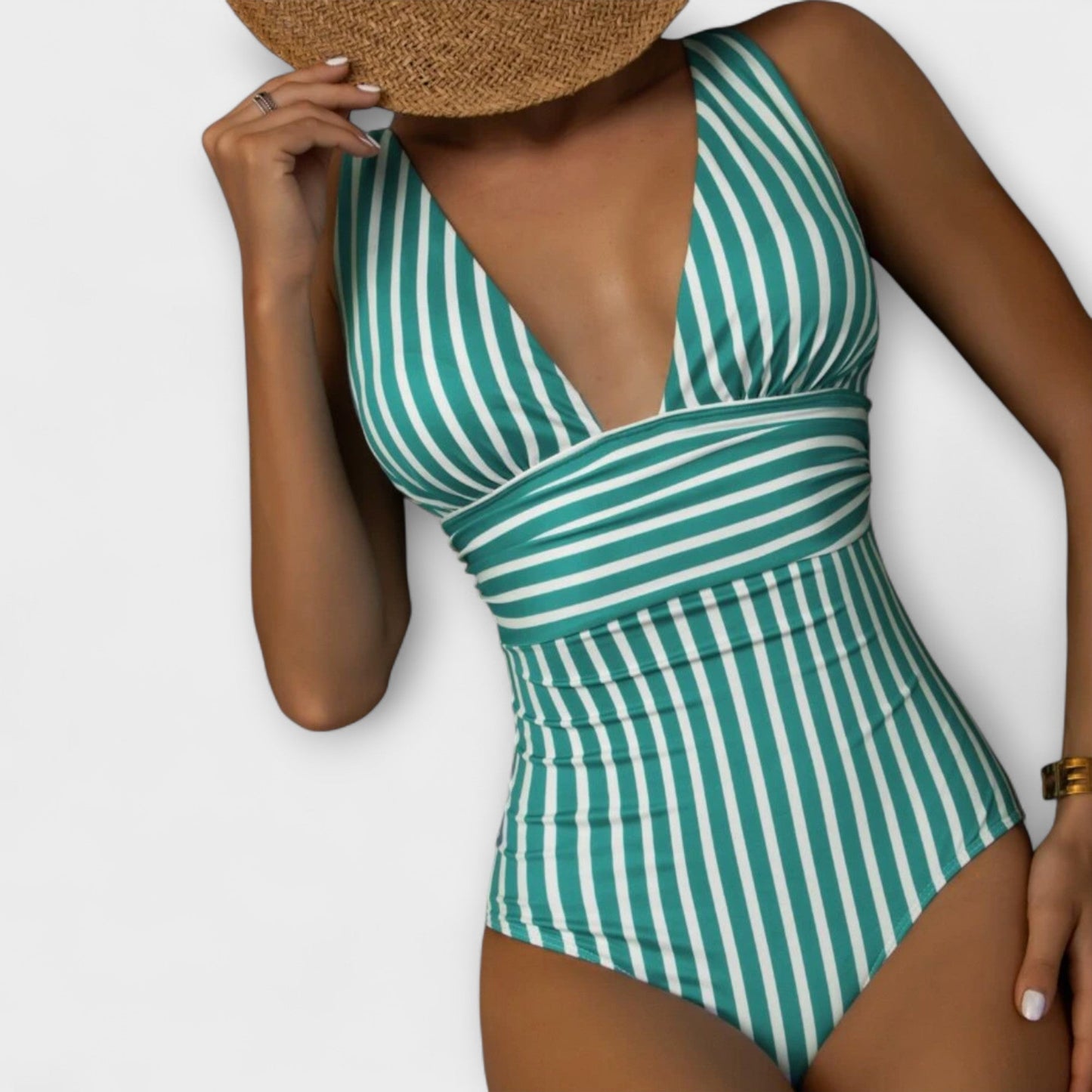 Bañador Mujer con Escote en V Profundo y Estampado de Rayas