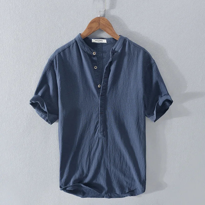Camiseta Hombre de Lino y Algodón Manga Corta Cuello Henley