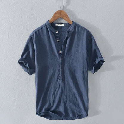 Camiseta Hombre de Lino y Algodón Manga Corta Cuello Henley