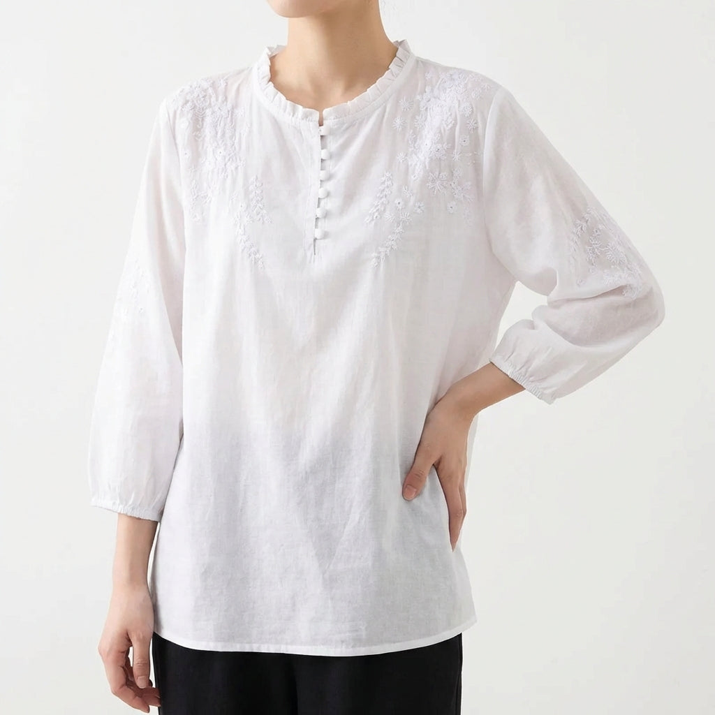 Blusa Mujer Bordada Manga Abullonada