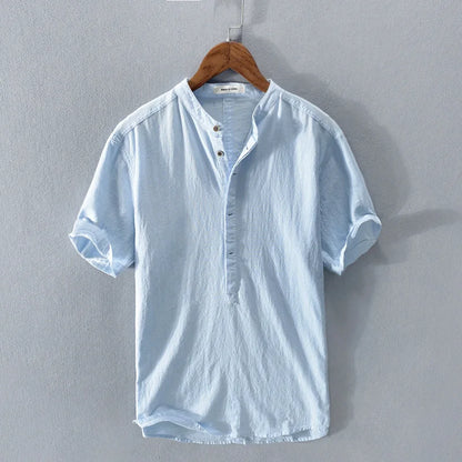 Camiseta Hombre de Lino y Algodón Manga Corta Cuello Henley - Mavetta
