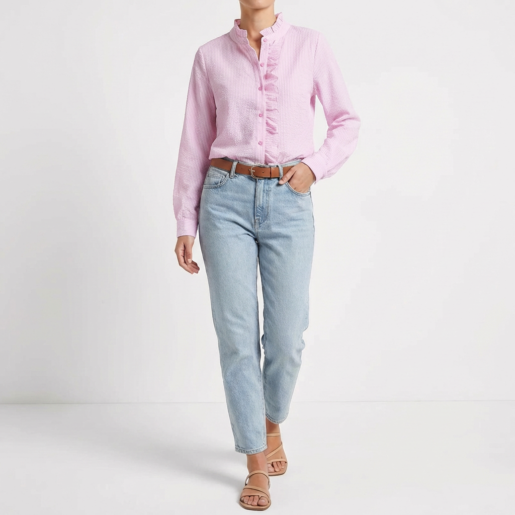Blusa Mujer Texturizada Volante Frontal Ajuste Regular