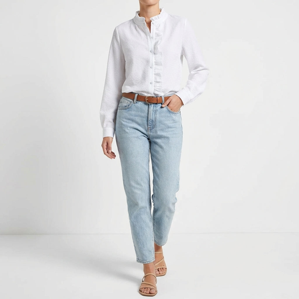 Blusa Mujer Texturizada Volante Frontal Ajuste Regular