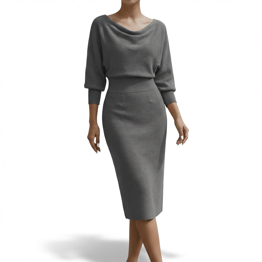 Vestido Midi Mujer Cuello Drapeado Elegante