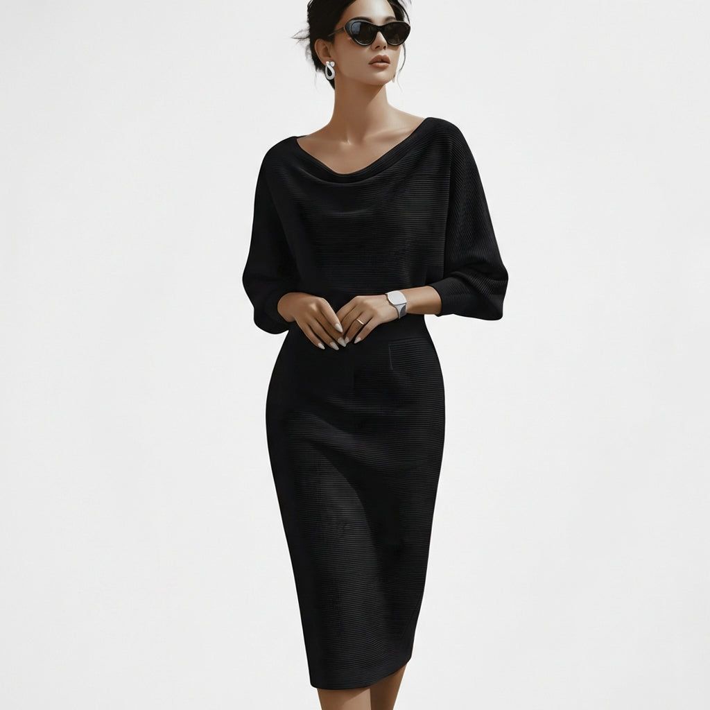 Vestido Midi Mujer Cuello Drapeado Elegante - Mavetta