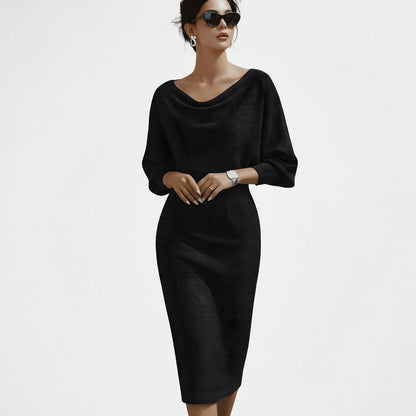 Vestido Midi Mujer Cuello Drapeado Elegante - Mavetta