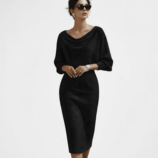 Vestido Midi Mujer Cuello Drapeado Elegante - Mavetta
