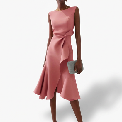 Vestido Midi Mujer Drapeado Volante Asimétrico