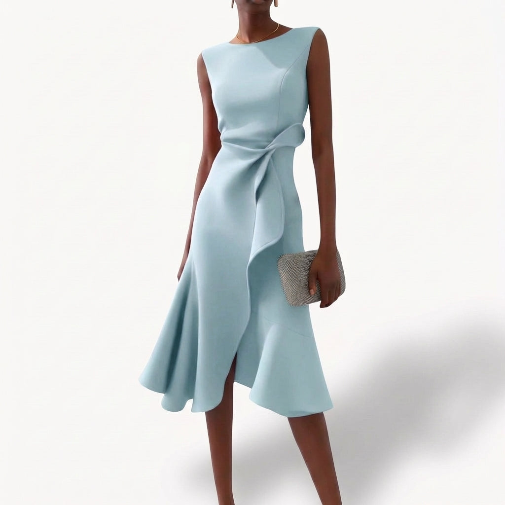 Vestido Midi Mujer Drapeado Volante Asimétrico