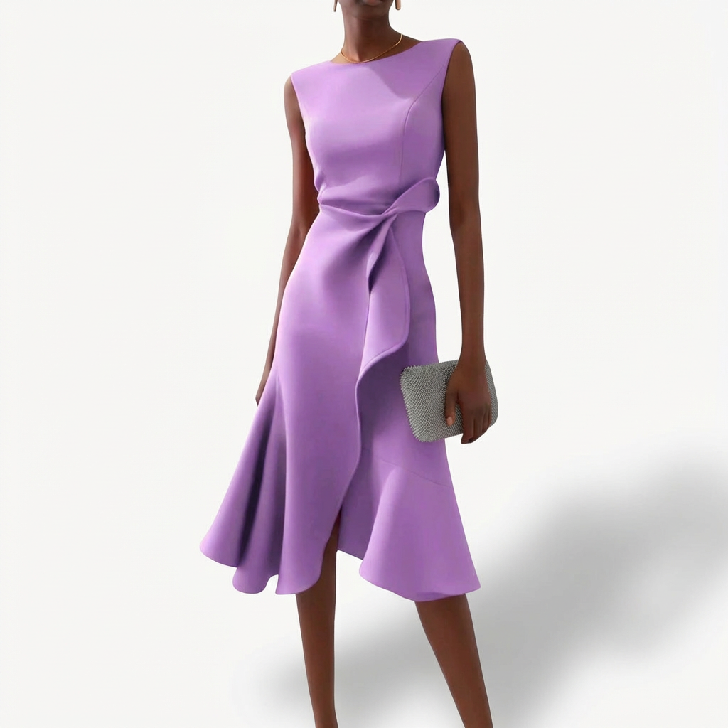 Vestido Midi Mujer Drapeado Volante Asimétrico