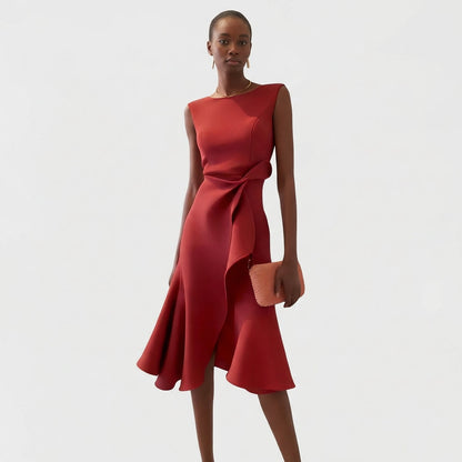 Vestido Midi Mujer Drapeado Volante Asimétrico - Mavetta