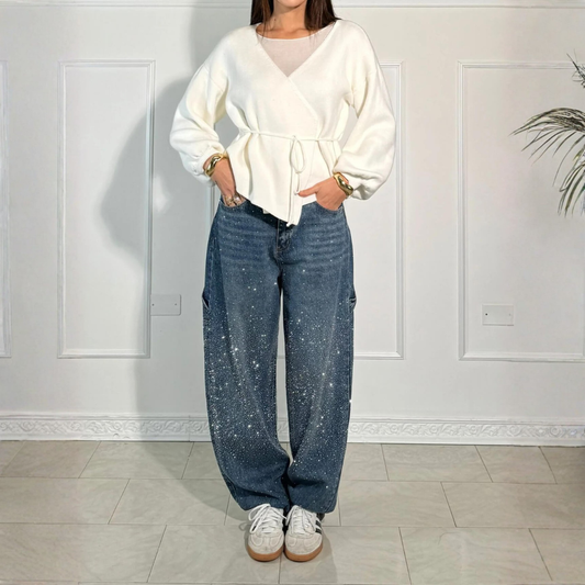 Pantalones Vaqueros Mujer Anchos Cintura Media Detalle Brillante - Mavetta