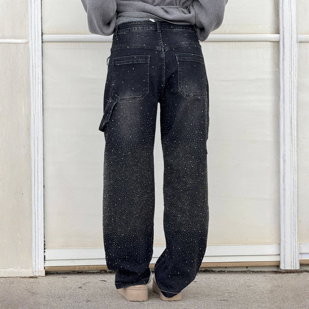 Pantalones Vaqueros Mujer Anchos Cintura Media Detalle Brillante