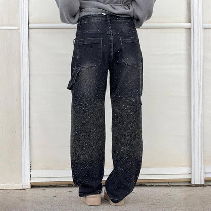 Pantalones Vaqueros Mujer Anchos Cintura Media Detalle Brillante