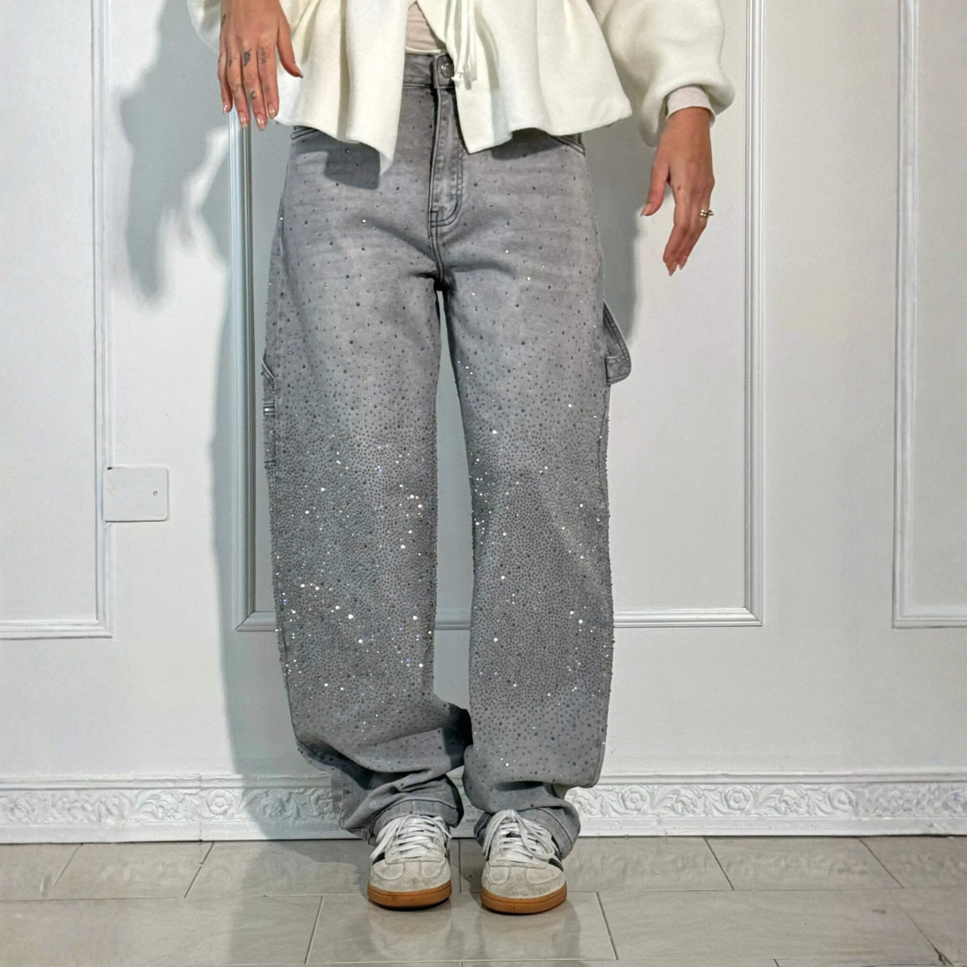 Pantalones Vaqueros Mujer Anchos Cintura Media Detalle Brillante