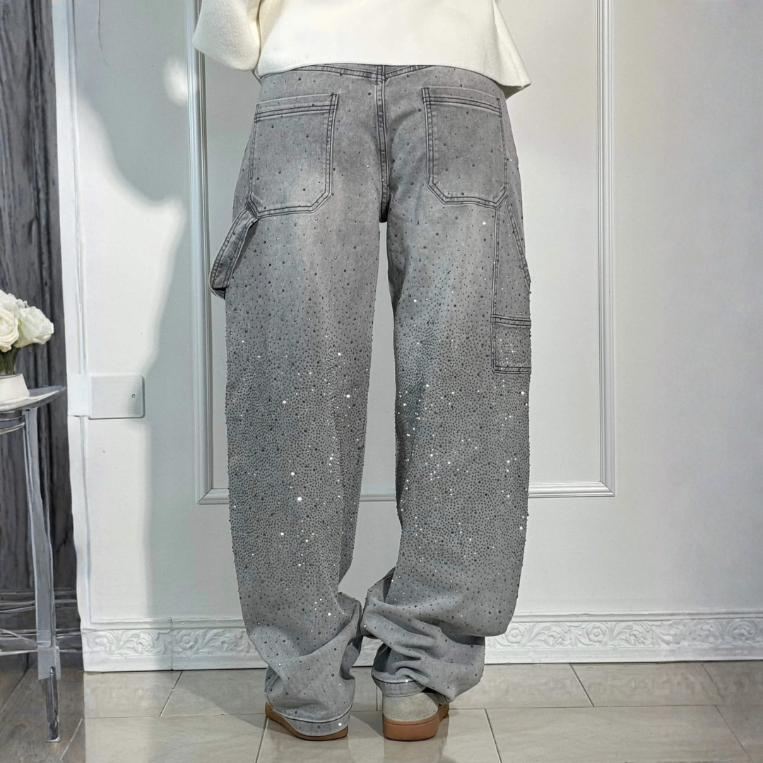 Pantalones Vaqueros Mujer Anchos Cintura Media Detalle Brillante