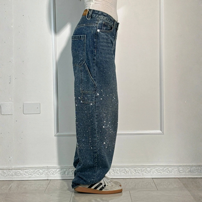 Pantalones Vaqueros Mujer Anchos Cintura Media Detalle Brillante