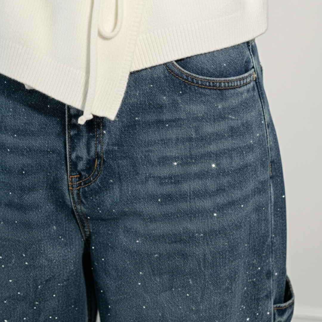 Pantalones Vaqueros Mujer Anchos Cintura Media Detalle Brillante