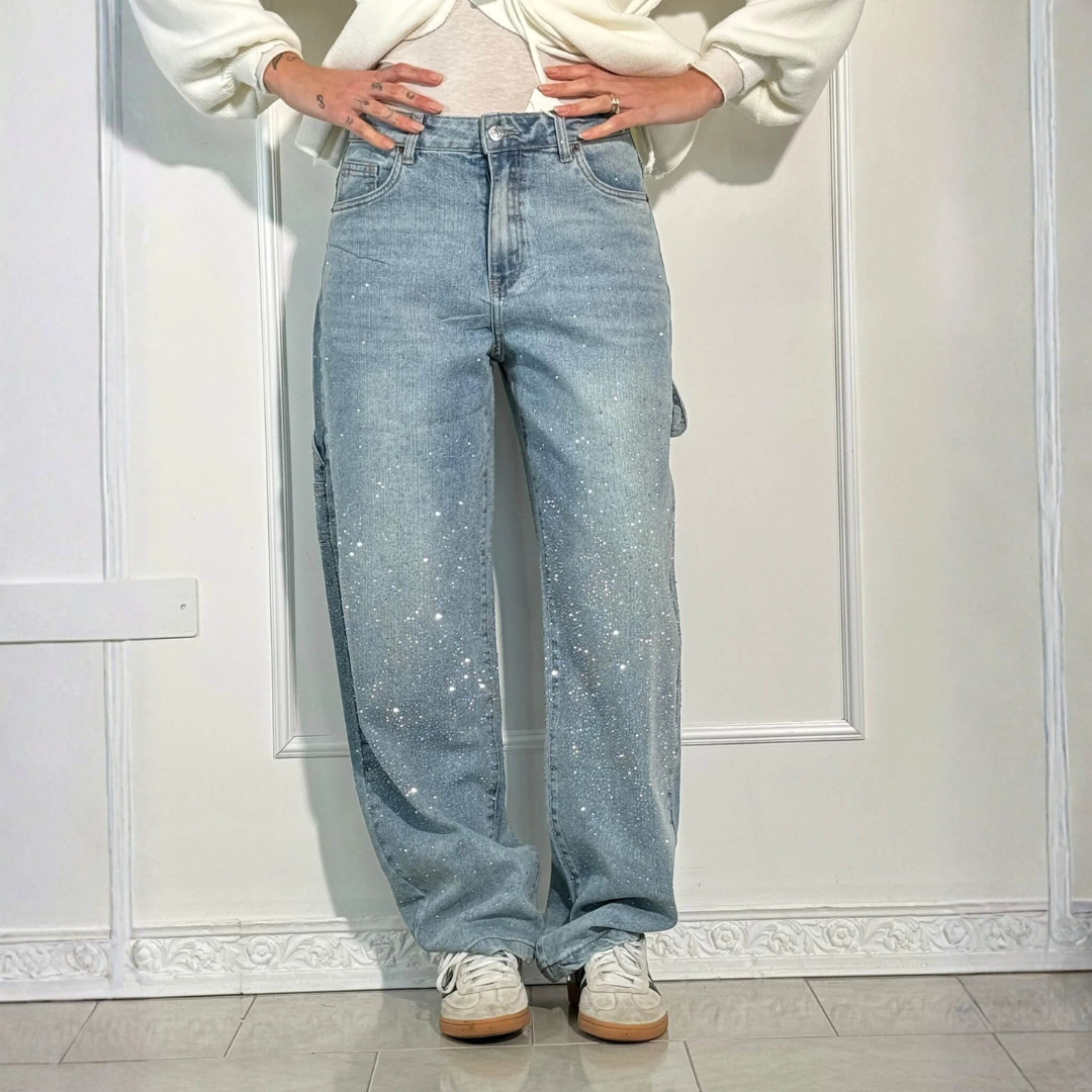 Pantalones Vaqueros Mujer Anchos Cintura Media Detalle Brillante
