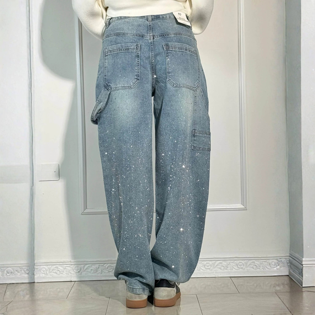 Pantalones Vaqueros Mujer Anchos Cintura Media Detalle Brillante