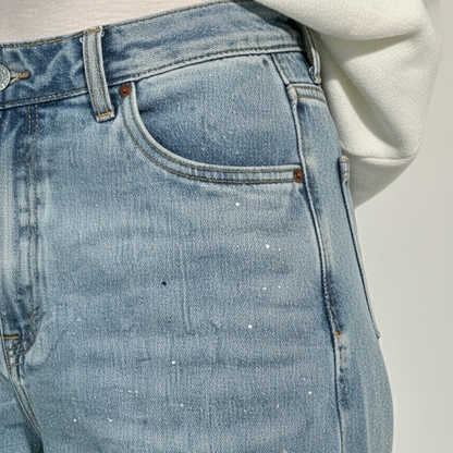 Pantalones Vaqueros Mujer Anchos Cintura Media Detalle Brillante