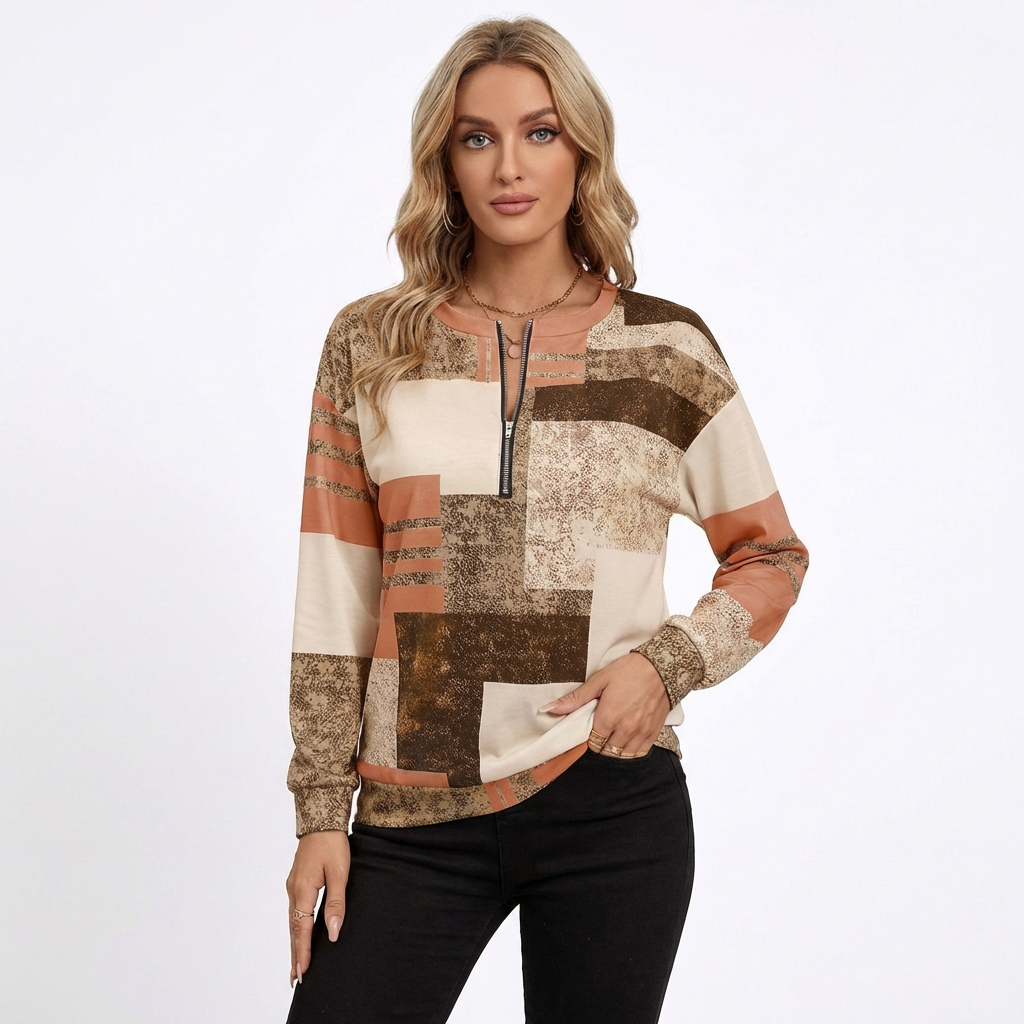 Sudadera Mujer Patchwork Media Cremallera Ajuste Regular