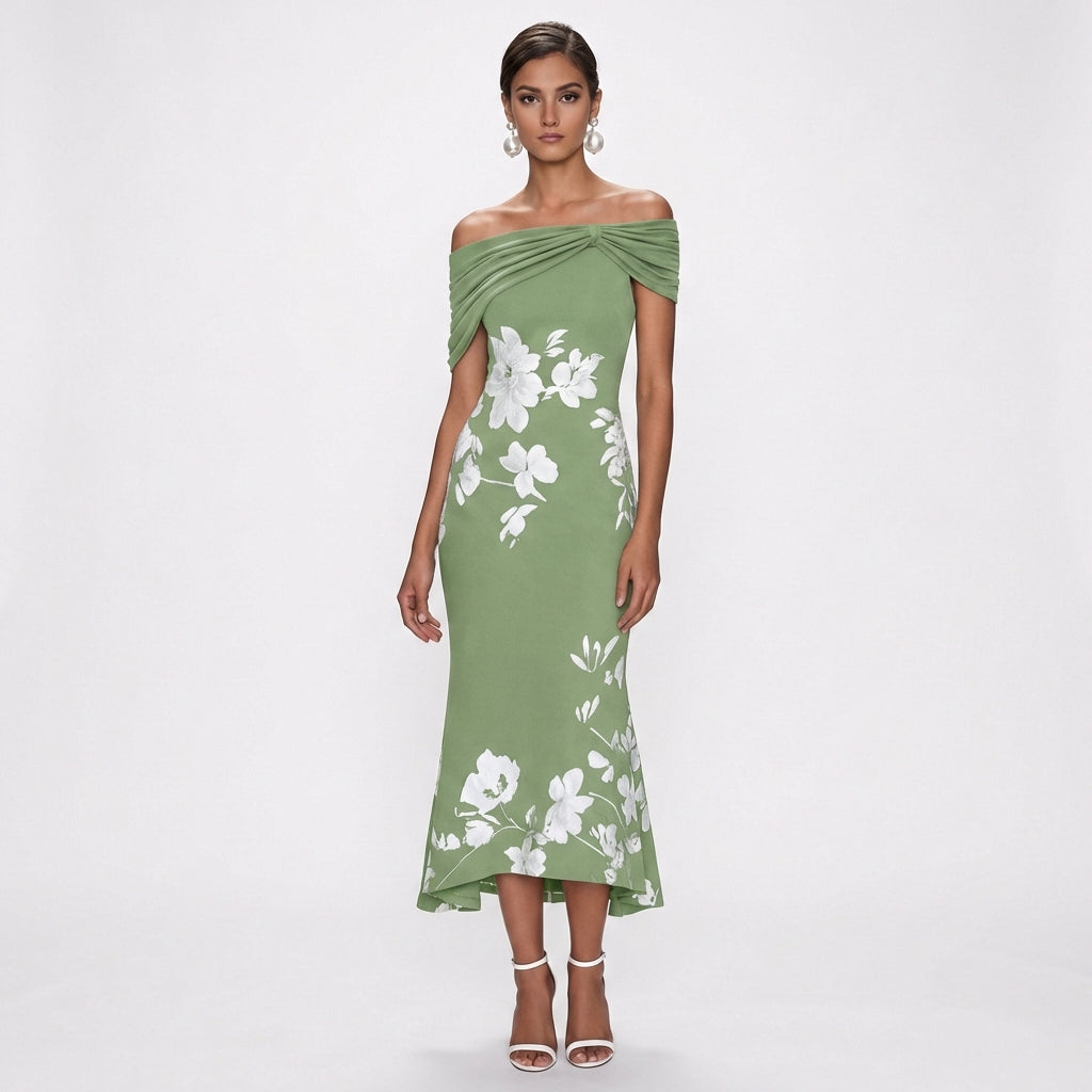 Vestido Midi Mujer Floral Hombros Descubiertos Ajuste Elegante