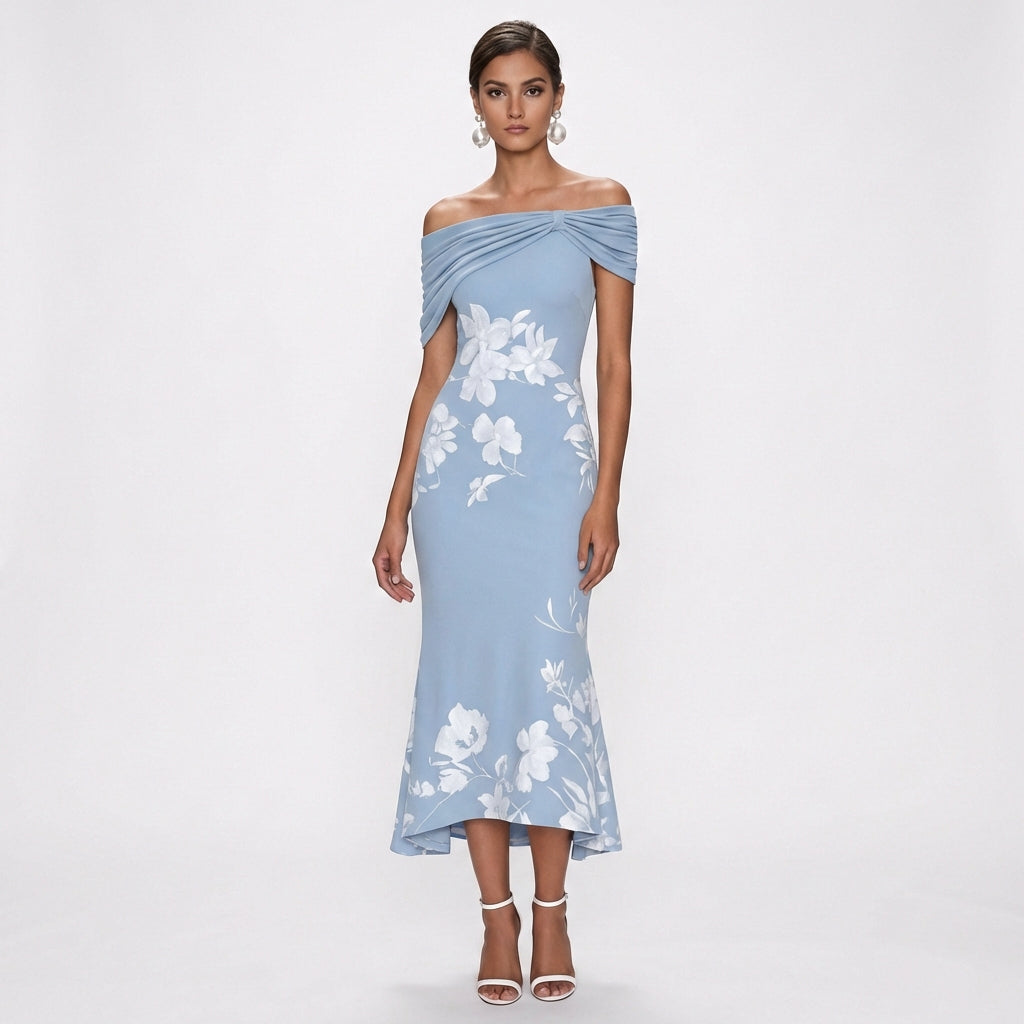 Vestido Midi Mujer Floral Hombros Descubiertos Ajuste Elegante