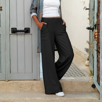 Pantalones Mujer Fluidos Pernera Ancha Cintura Elástica Bolsillos