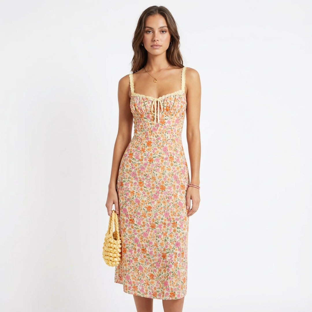 Vestido Midi Mujer de Encaje Tirantes Lazo Fruncido - Mavetta