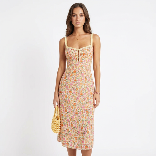Vestido Midi Mujer de Encaje Tirantes Lazo Fruncido - Mavetta