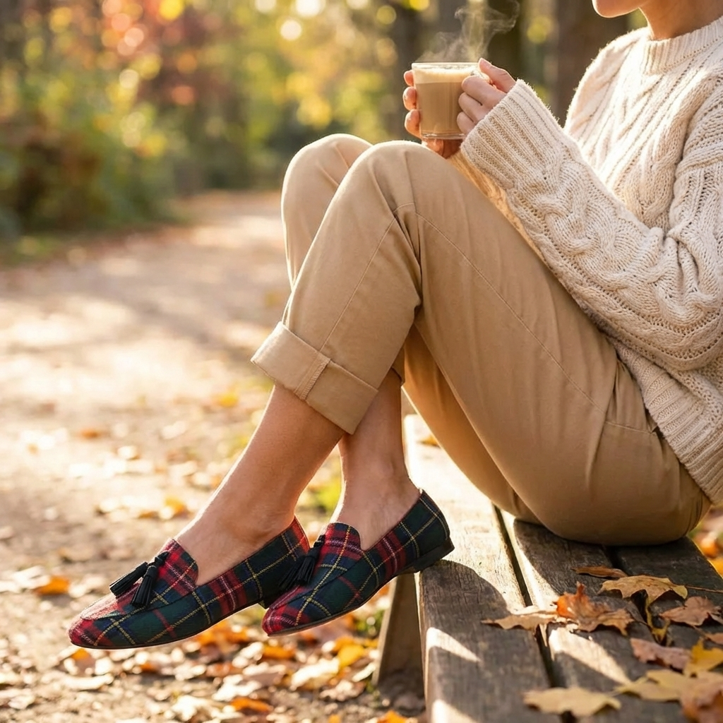 Mocasines Mujer de Tela Tartán con Borlas Estilo Clásico