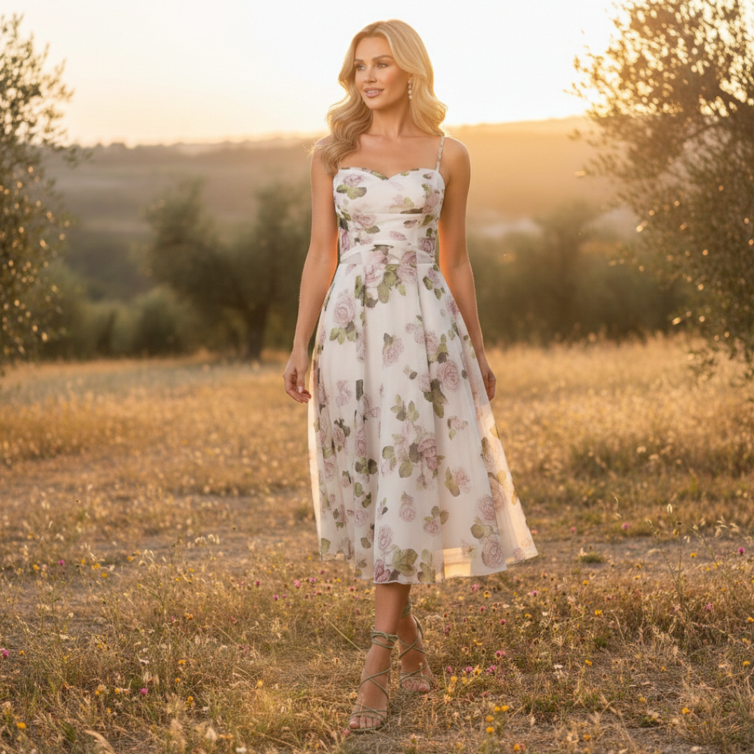 Vestido Midi Mujer Tirantes Escote Recto Falda con Vuelo Estampado
