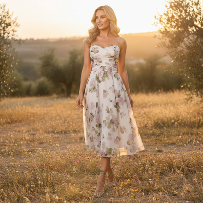 Vestido Midi Mujer Tirantes Escote Recto Falda con Vuelo Estampado